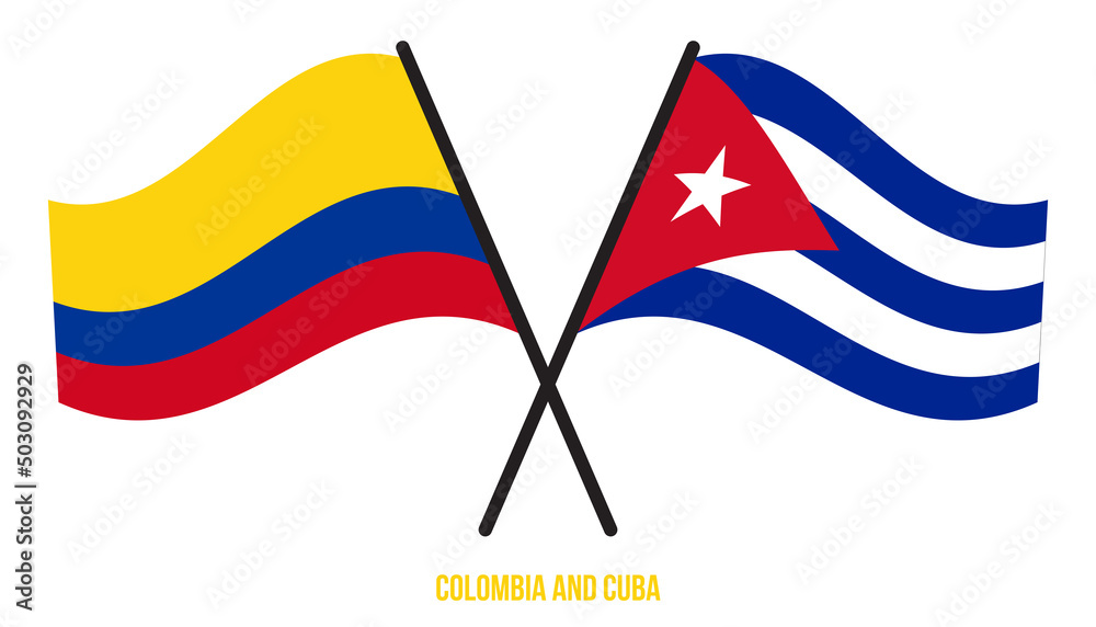 Fototapeta premium Colombia and Cuba Flags Crossed And Waving Flat Style. Official Proportion. Correct Colors.