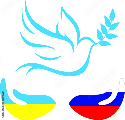 Fototapeta Naklejka Na Ścianę i Meble -  hands shaking with colors of the flags of Ukraine and Russia next to a flying dove with laurel in its mouth on a light blue background
