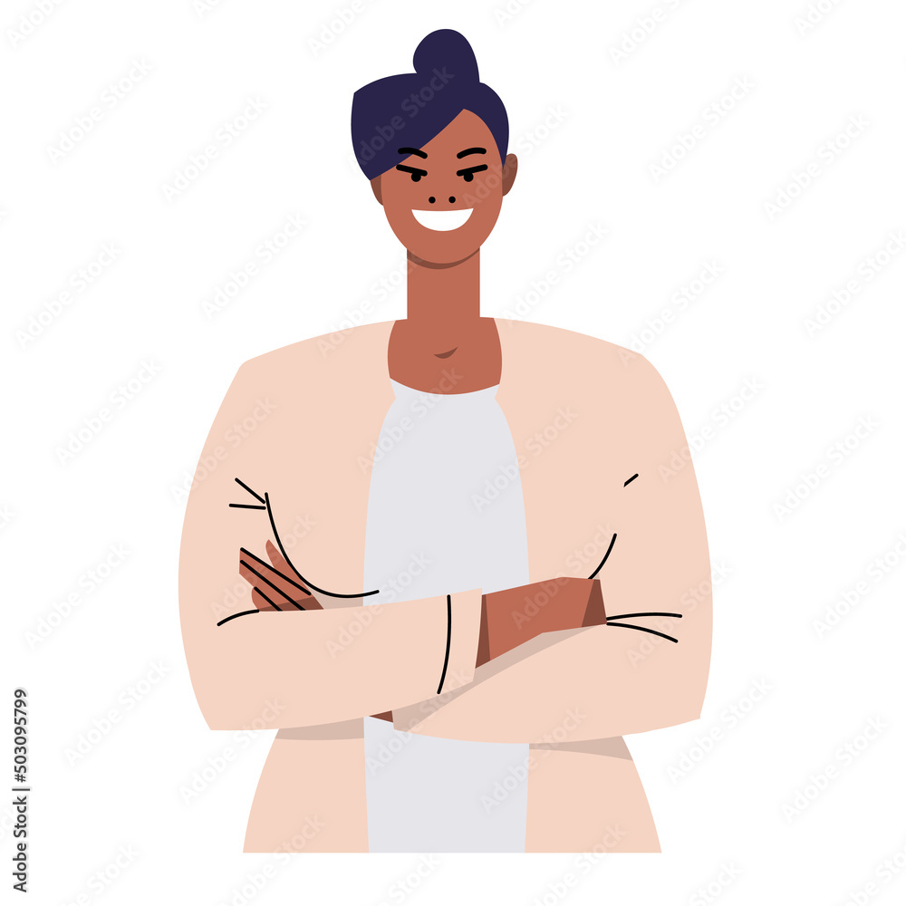 Dark-skinned elegant woman with folded arms. Confident businesswoman isolated on white background. Portrait of a smiling character. Flat style. Vector illustration.