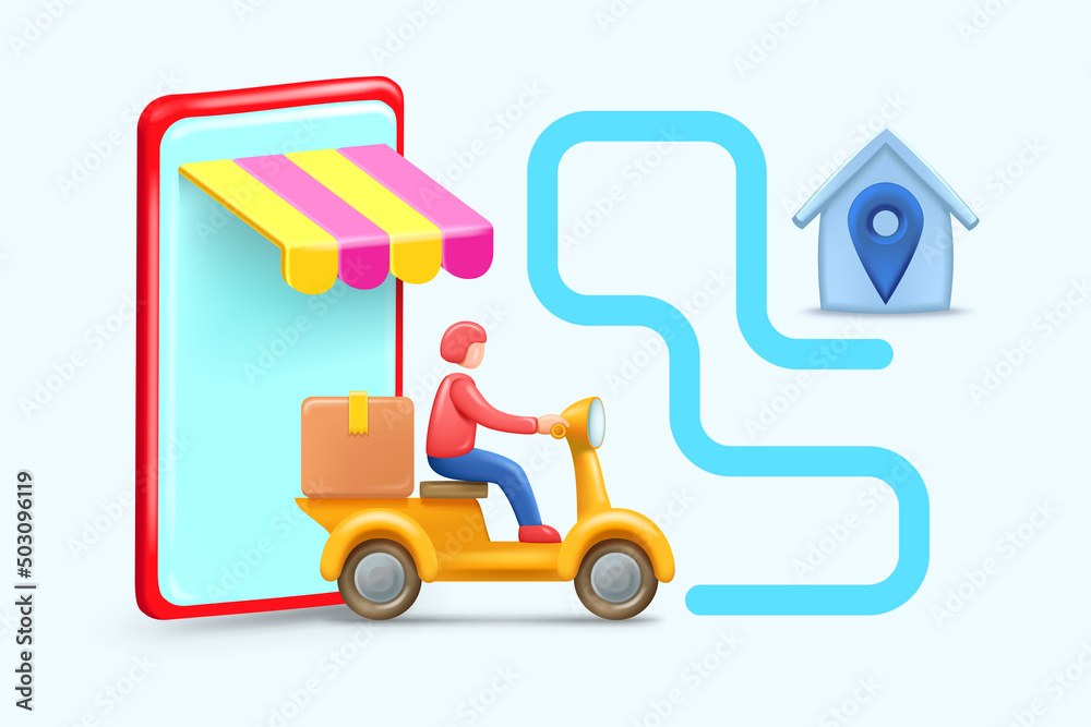 Online store with delivery, 3D illustration of the courier driving from the shop to deliver a box of product. Ordering and purchasing through the app on your phone. 3D Vector Graphics Online store with delivery, 3D illustration of the courier driving from the shop to deliver a box of product. Ordering and purchasing through the app on your phone. 3D Vector Graphics