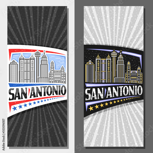 Vector vertical banners for San Antonio, decorative invitation with illustration of texan city scape on day and dusk sky background, art design tourist card with unique lettering for words san antonio