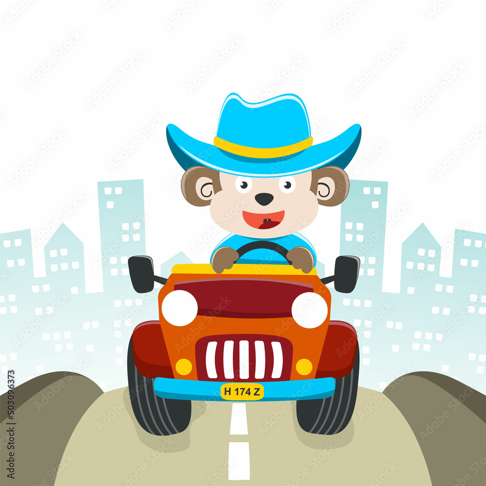 Obraz premium Cute monkey cartoon having fun driving off road car go to forest. Vector childish background for fabric textile, nursery wallpaper, card, poster and other decoration. Vector illustration.