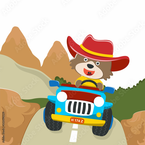 Cute bear  cartoon having fun driving off road car go to forest. Vector childish background for fabric textile, nursery wallpaper, card, poster and other decoration. Vector illustration.