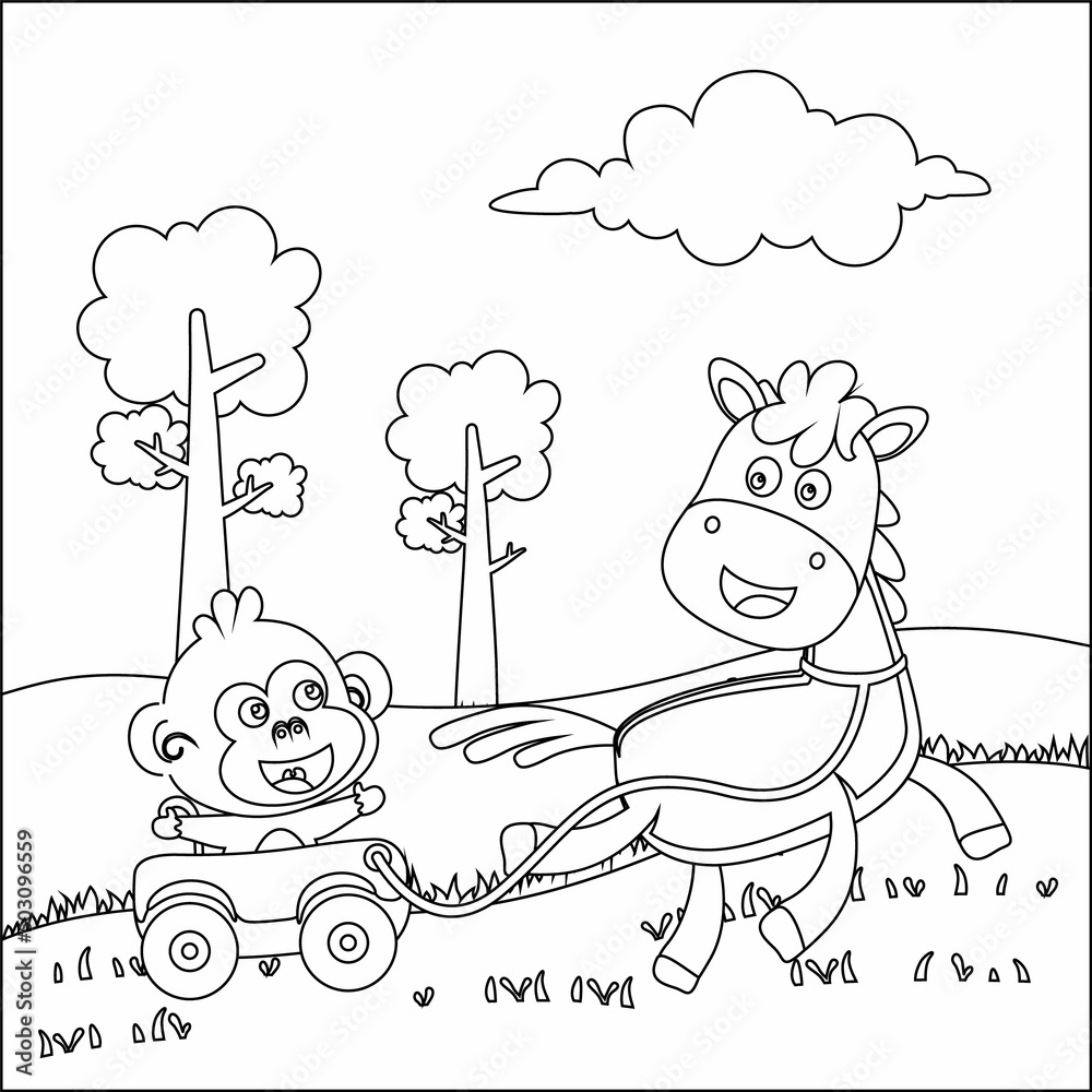 Happy horse and monkey cartoon in the farm with green field. Nature and country concept. Creative vector Childish design for kids activity colouring book or page. Happy horse and monkey cartoon in the farm with green field. Nature and country concept. Creative vector Childish design for kids activity colouring book or page.