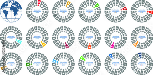 Sustainable Development Goals, Agenda 2030. Set of 17 isolated circles with icons. Vector illustration EPS 10