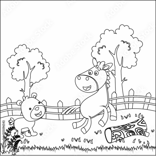 Happy horse and bear cartoon in the farm. Nature and country concept. Creative vector Childish design for kids activity colouring book or page.
