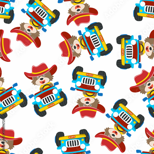 Cute bear cartoon having fun driving off road car go to forest. Creative vector childish background for fabric textile, nursery wallpaper, poster, brochure. and other decoration.