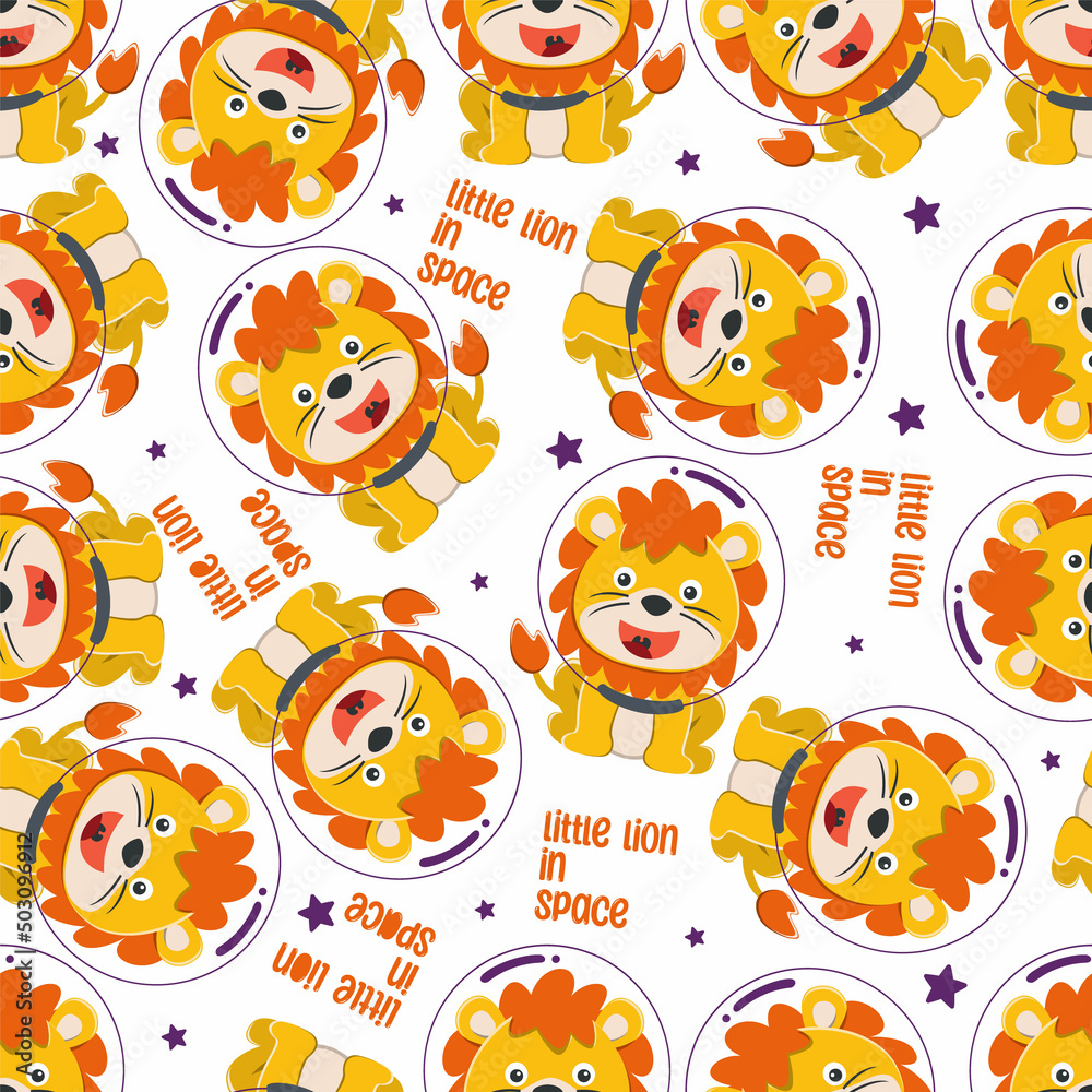 Seamless pattern of cute lion astronaut exploring the red planet. Mission to search for traces of life. Creative vector childish background for fabric textile, nursery wallpaper, and other decoration.
