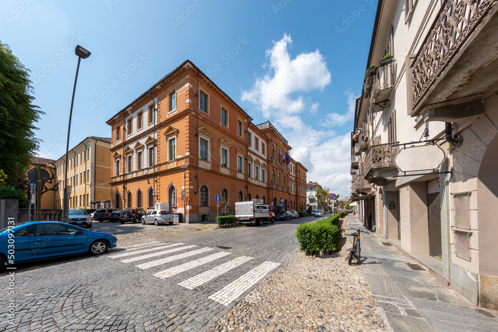 Savigliano, Cuneo, Piedmont, Italy - May 04, 2022: the Town Hall building in Corso Roma on blue sky vision