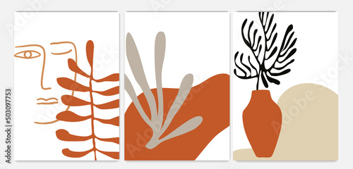 Abstract Matisse Shapes Posters set. Minimal contemporary background set bohemian aesthetic, boho minimalist wall decor. Vector art