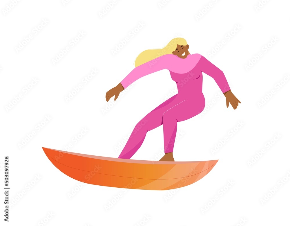 Surfer girl with surfboard riding the waves. Isolated character on white background, flat vector illustration