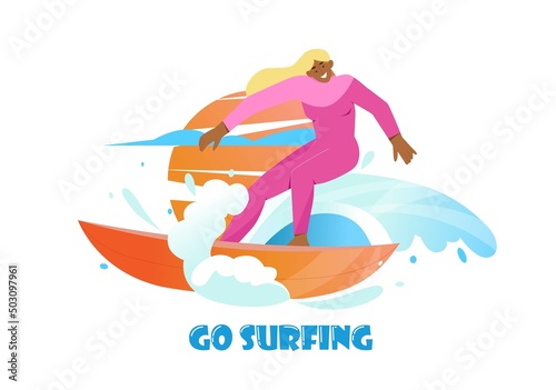 Poster with surfer girl with surfboard riding the waves. Isolated character on white background, flat vector illustration, go surfing text