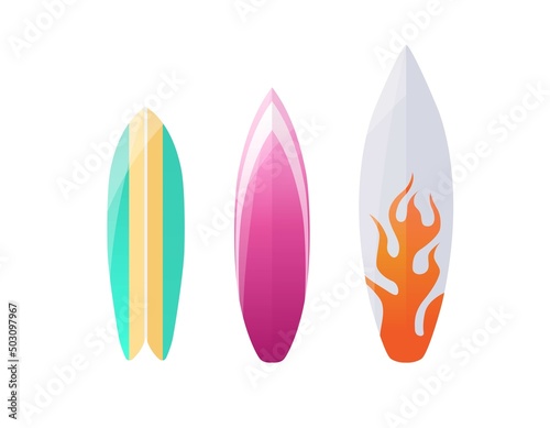Set of realistic colorful surfboards isolated on white background. Flat vector illustration