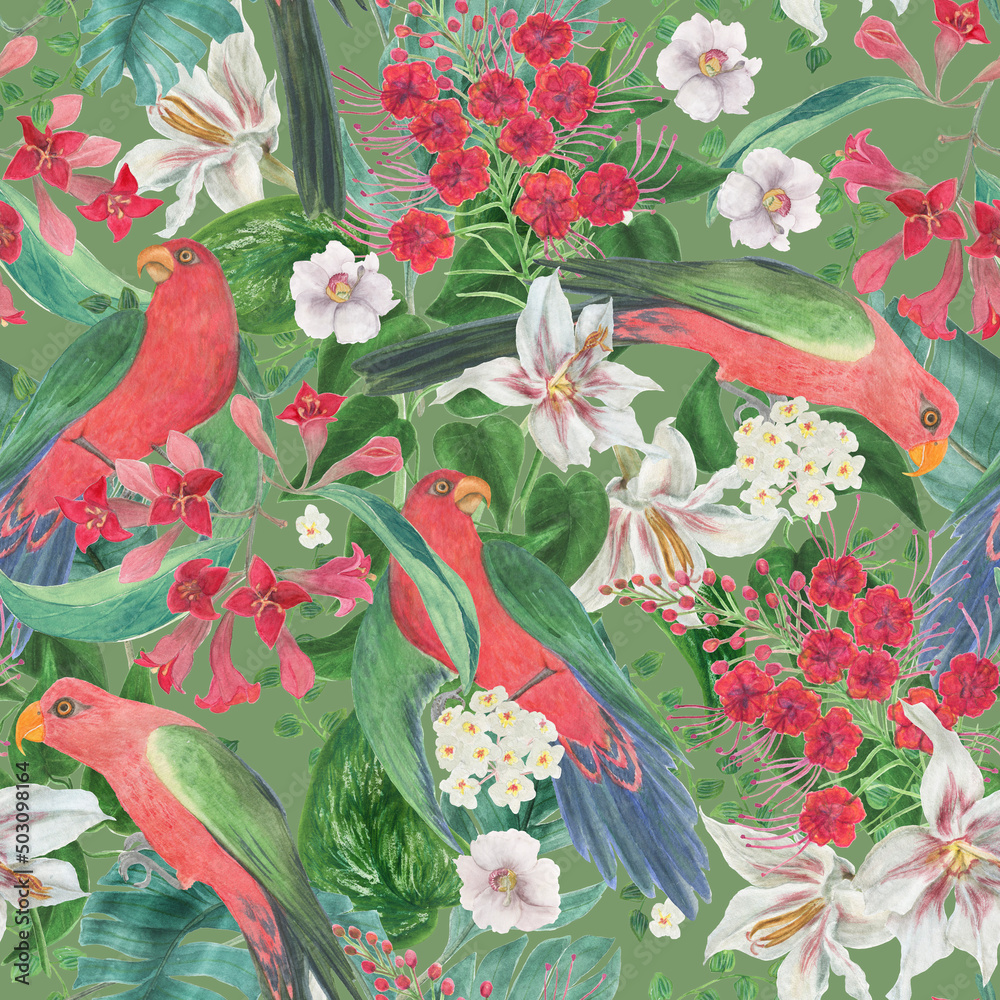 custom made wallpaper toronto digitalWatercolor painting seamless pattern with red australian king parrots and tropical flowers, leaves