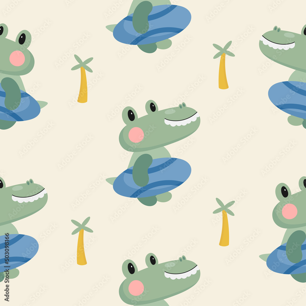 Fototapeta premium Seamless Pattern with funny Crocodile. Vector illustration. For greeting card, posters, banners, the card, printing on the pack, printing on clothes, fabric, wallpaper.