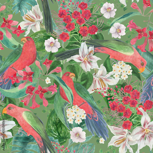 Wallpaper Mural Watercolor painting seamless pattern with red australian king parrots and tropical flowers, leaves Torontodigital.ca