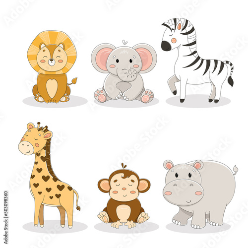 African animals in flat style isolated on white background. Vector illustration. Collection of cute cartoons: lion, elephant, zebra, giraffe, monkey, hippopotamus. Set of animals from Africa.