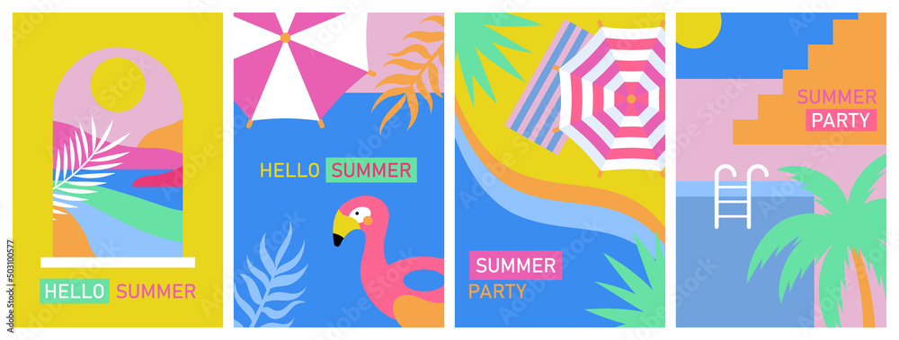 Summer poster design set. Summer vacation, beach party or pool party. Template background for brochure, banner or flyer.