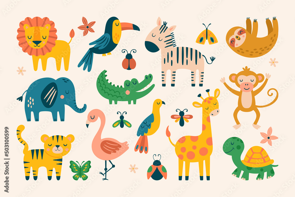 Fototapeta premium Cute jungle animals set. Childish print for cards, apparel and decoration