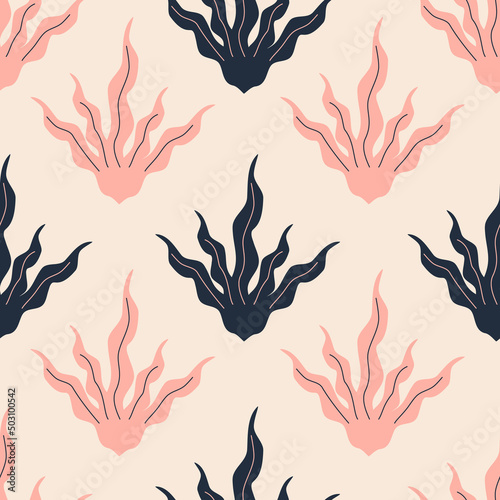 Colorful seaweeds hand drawn vector illustration. Underwater life seamless pattern for wallpaper.