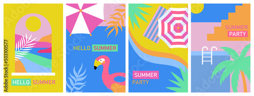 Summer poster design set. Summer vacation, beach party or pool party. Template background for brochure, banner or flyer.