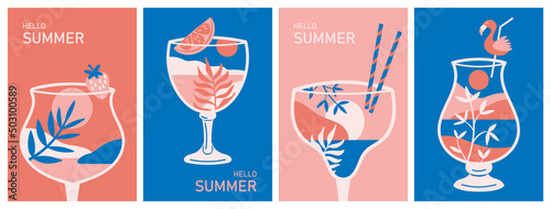 Modern wall art print set. Abstract cocktail glasses with sea beach landscape. Summer template for greeting card, banner, packaging, cover and social media design