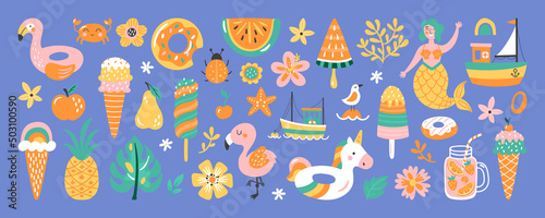 Summer vacation cute element set. Childish print for cards, stickers, banner and decoration