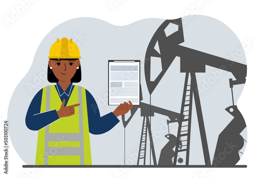 A female refinery engineer worker uses a tableted oil pumping unit. Energy industrial zone, oil drilling.