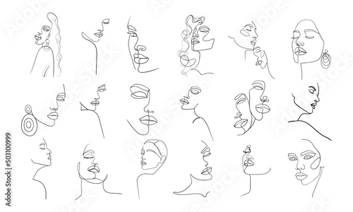 Set of portraits. Simple, minimalist vector illustration of beautiful woman face. Line drawing.