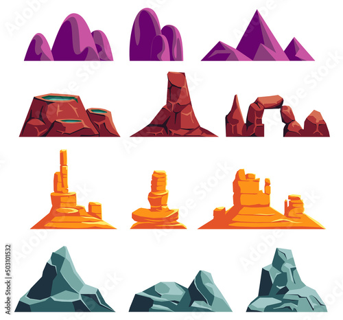 Set of stone mountains of different shapes and sizes