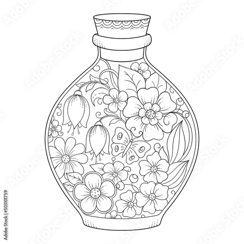 Glass bottle with floral pattern in mehndi style for coloring book page.. Antistress for adults and children. Doodle ornament in black and white. Hand draw vector illustration.