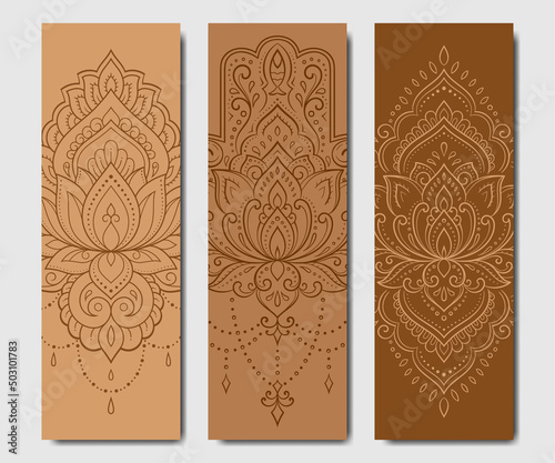 Set of design yoga mats. Lotus floral and mandala pattern in oriental style for decoration sport equipment. Colorful ethnic Indian ornaments for spiritual serenity. Decor of card, poster, print.