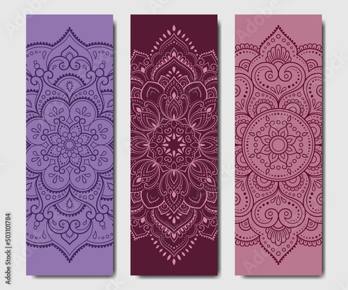 Set of design yoga mats. Floral and mandala pattern in oriental style for decoration sport equipment. Colorful ethnic Indian ornaments for spiritual serenity. Decor of business card, poster, print.