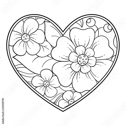 Mehndi flower pattern in form of heart for Henna drawing and tattoo. Decoration in ethnic oriental, Indian style. Valentine's day greetings. Coloring book page.