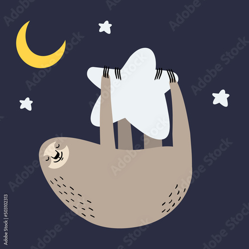 Cute lazy sloth hanging on a star. Vector illustration.