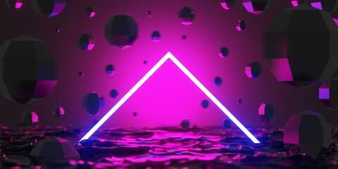 abstract backgoundtriangle of video game of scifi gaming cyberpunk, vr virtual reality simulation and metaverse, scene stand pedestal stage, 3d illustration rendering, futuristic neon glow room