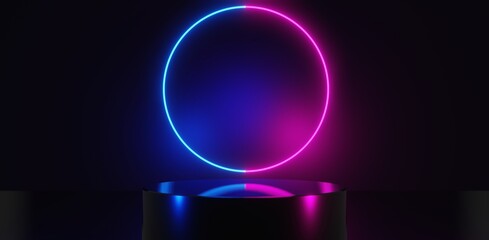 abstract backgound game of scifi gaming cyberpunk, vr virtual reality simulation and metaverse, scene stand pedestal stage, 3d illustration rendering, futuristic, neon glow room floor