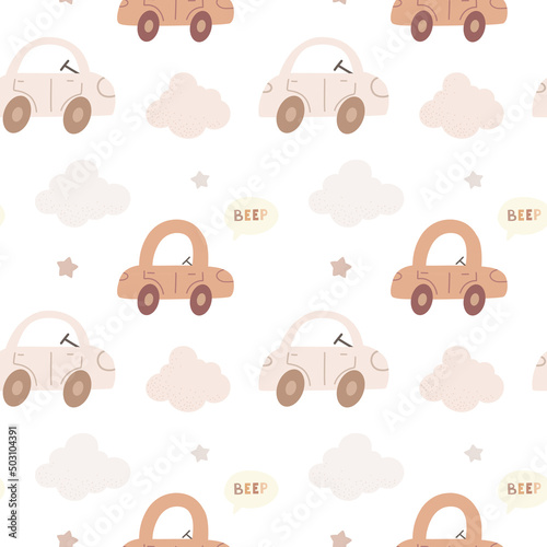 Cute cartoon childish seamless pattern with cars. Мector print for wall decor in children's bedroom.