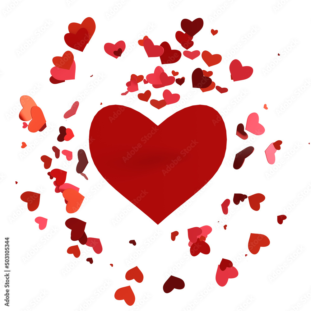 One big heart and an explosion of small hearts. Symbol for wedding or Valentine's day. A sign of love and adoration. Isolated on white background. 3d illustration