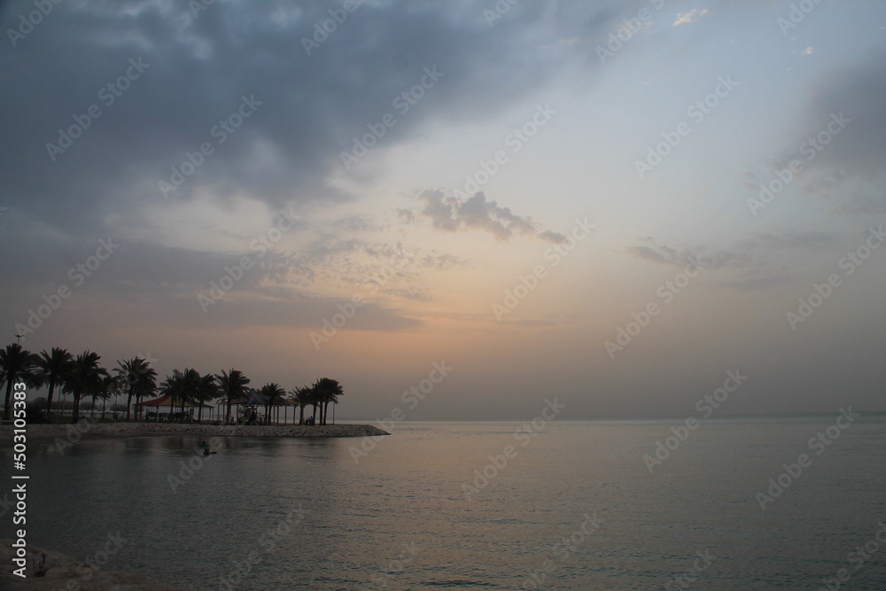 Sea view of dawn at sunrise with beautiful view of clouds