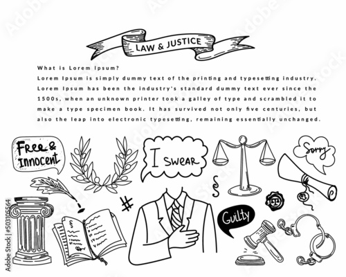 A banner with the symbols of law and justice, a hand-drawn sketch-style doodle. Justice. Court. Oath. Testimony. The scales of justice. Documents. Paragraphs of the law. Collection of cartoon elements