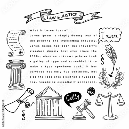 Banner with symbols of law and justice, a hand-drawn doodle in sketch style. Justice. Greece. Laurel wreath. Scales of Justice. Documents. Paragraphs of the law. A collection of cartoon elements.