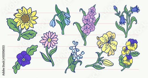 Set of flowers in doodle style. Hand drawn vector.