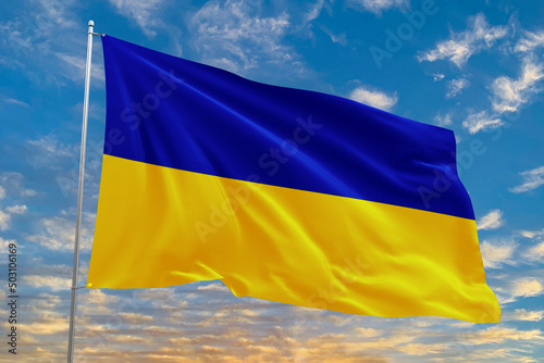 Ukraine flag large national symbol fluttering in blue sky. Large yellow blue Ukrainian state flag, Dnipro city, Independence Constitution Day, National holiday.v