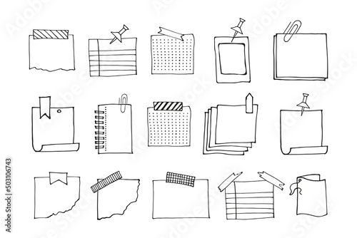 Blank reminder paper notes, planner doodle collection. Vector hand drawn sketch illustration