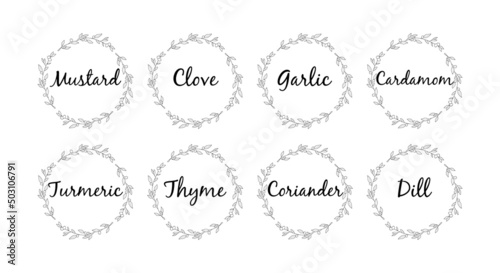 Kitchen stickers for spices and seasonings. Labels, stickers, needlework stickers, flower frame and spice name in English