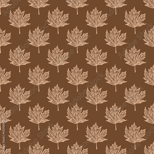 Leaves maple canadian engraved seamless pattern. Vintage background botanical with foliage in hand drawn style.