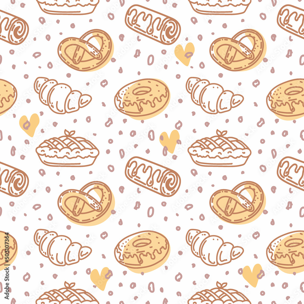 A seamless pattern of hand-drawn bakery items. Toast, pie, muffin, cupcake, donuts, sandwich, bagels, and snail buns. Doodle style vector.