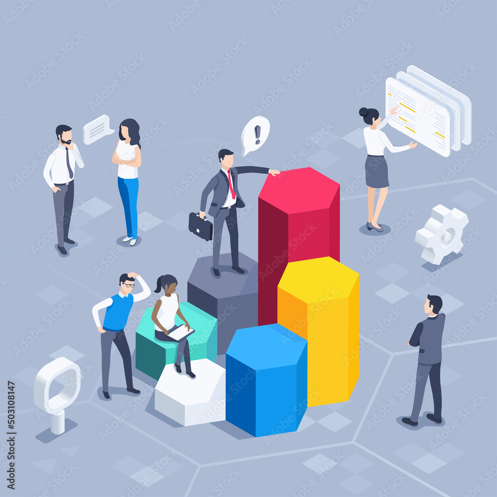 isometric vector illustration on a gray background, statistics work, people in business clothes near the chart, statistical data processing