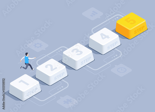 isometric vector illustration on a gray background, infographics in the form of five keyboard buttons and a man jumping on them, a step-by-step path to success